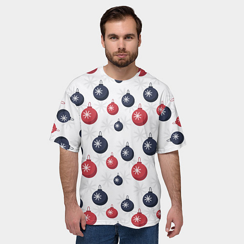 Мужская футболка оверсайз Синие и красные новогодние шары со снежинками / 3D-принт – фото 3