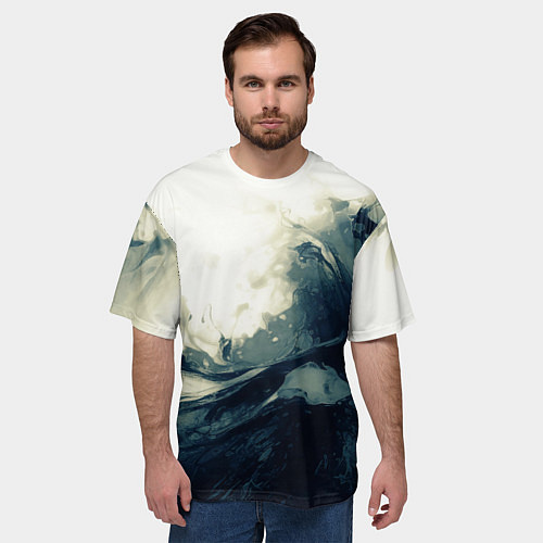 Мужская футболка оверсайз Чёрно-синие абстрактные краски / 3D-принт – фото 3