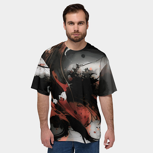 Мужская футболка оверсайз Тёмные краски абстракция красно-чёрный / 3D-принт – фото 3