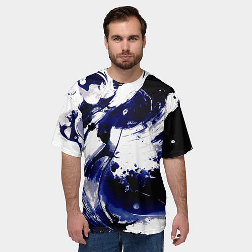 Мужская футболка оверсайз Чёрно-фиолетовый абстракция волна / 3D-принт – фото 3