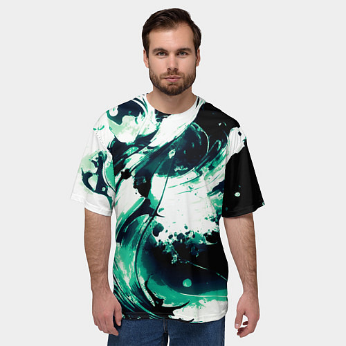 Мужская футболка оверсайз Чёрно-зелёный абстракция волна / 3D-принт – фото 3