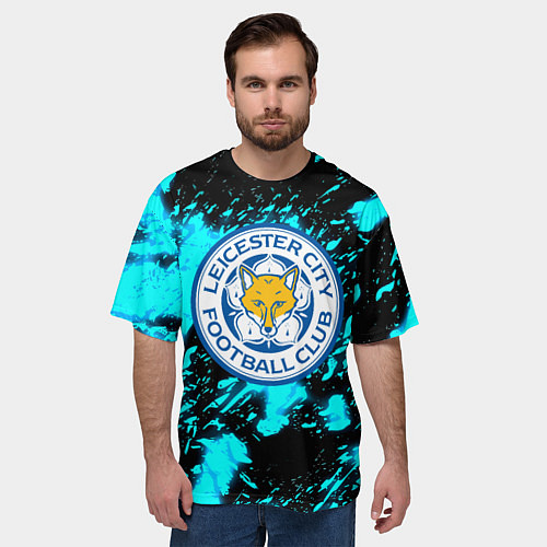 Мужская футболка оверсайз Лестер сити голубые краски / 3D-принт – фото 3