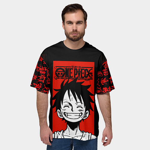 Мужская футболка оверсайз Ван Пис, Луффи на красном / 3D-принт – фото 3