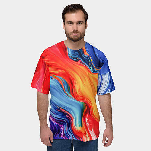 Мужская футболка оверсайз Красно-синие масляные краски смешение абстракция / 3D-принт – фото 3