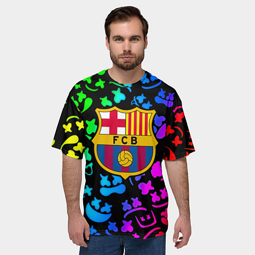 Мужская футболка оверсайз Барселона x Маршмэллоу неоновый градиент / 3D-принт – фото 3