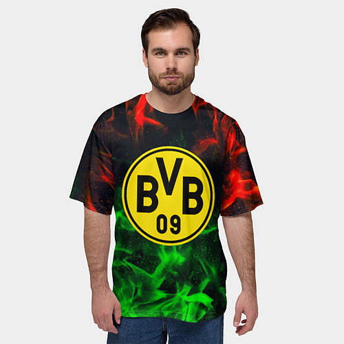 Мужская футболка оверсайз Borussia красно зеленый огонь / 3D-принт – фото 3