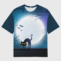 Футболка оверсайз мужская Полнолуние и черный кот - жуткий Хэллоуин, цвет: 3D-принт