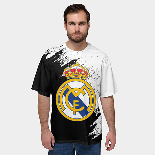Мужская футболка оверсайз Real Madrid текстура штрихи / 3D-принт – фото 3