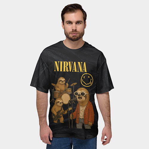 Мужская футболка оверсайз Ленивцы группа Nirvana / 3D-принт – фото 3