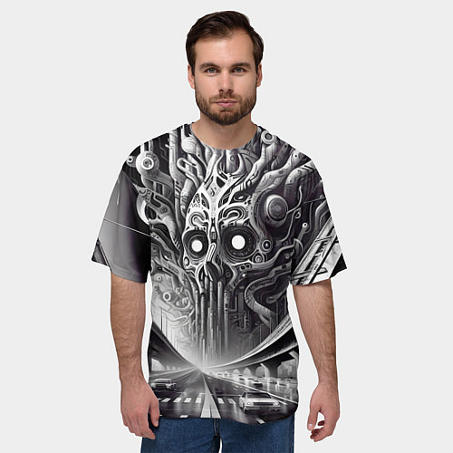 Мужская футболка оверсайз Art skull in metropolis - ai art fantasy / 3D-принт – фото 3