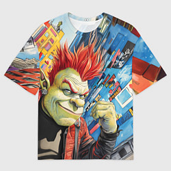 Футболка оверсайз мужская Панк Шрек на фоне домов, цвет: 3D-принт