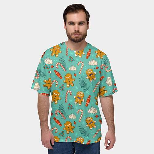 Мужская футболка оверсайз Новогодний паттерн печенье с конфетами / 3D-принт – фото 3