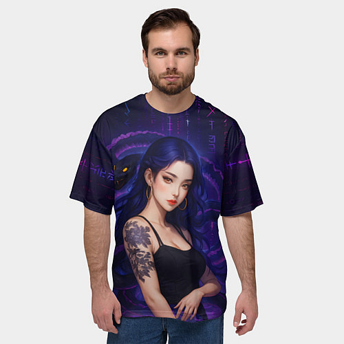 Мужская футболка оверсайз Девушка с тату на руке и пурпурная змея / 3D-принт – фото 3