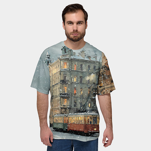 Мужская футболка оверсайз Трамваи в зимнем Санкт-Петербурге / 3D-принт – фото 3