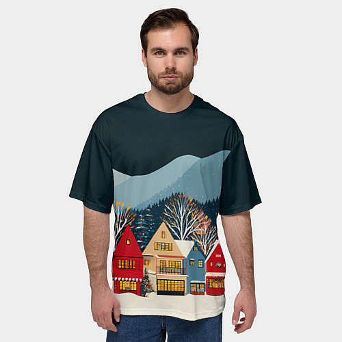Мужская футболка оверсайз Новогодний городок в горах / 3D-принт – фото 3