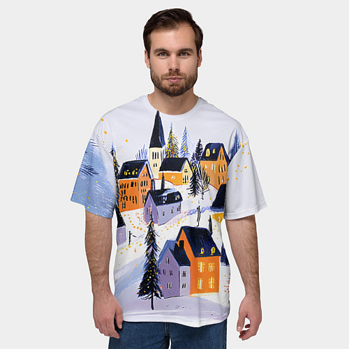 Мужская футболка оверсайз Новогодние домики на горе / 3D-принт – фото 3