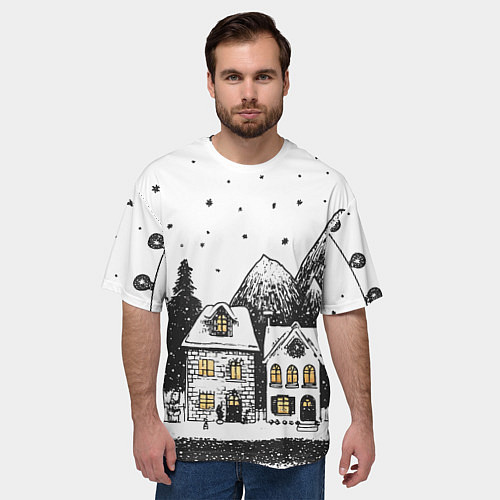 Мужская футболка оверсайз Черно-белый новогодний город / 3D-принт – фото 3