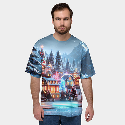 Мужская футболка оверсайз Городок в новогодних огоньках / 3D-принт – фото 3
