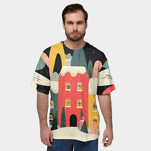 Мужская футболка оверсайз Разноцветные новогодние дома / 3D-принт – фото 3