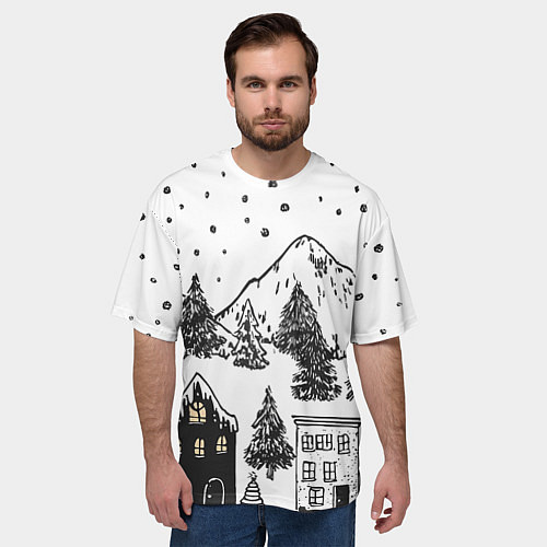 Мужская футболка оверсайз Заснеженный черно-белый город / 3D-принт – фото 3