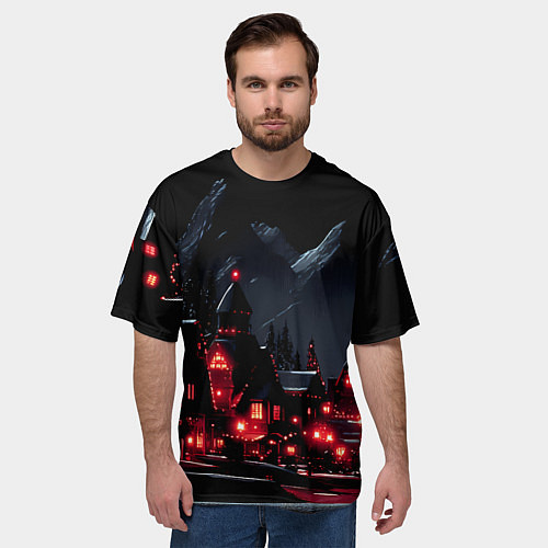 Мужская футболка оверсайз Новогодняя ночь и красные гирлянды / 3D-принт – фото 3