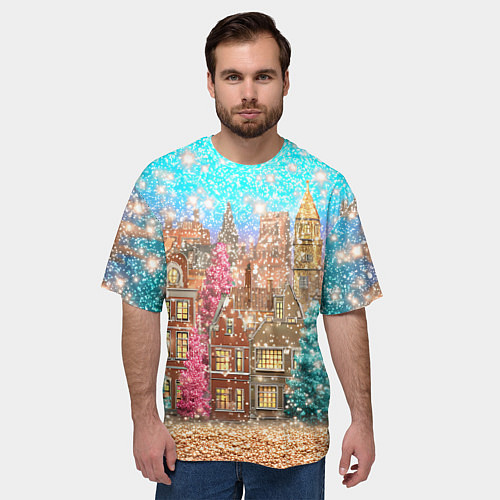 Мужская футболка оверсайз Новогодний город в блестках / 3D-принт – фото 3