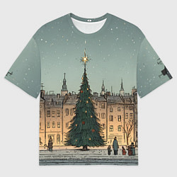 Футболка оверсайз мужская Новогодняя елка во дворе, цвет: 3D-принт