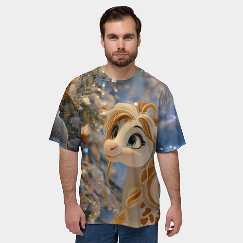 Мужская футболка оверсайз Новогодняя лошадка в крапинку / 3D-принт – фото 3