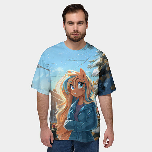 Мужская футболка оверсайз Лошадка на новогодней площади / 3D-принт – фото 3