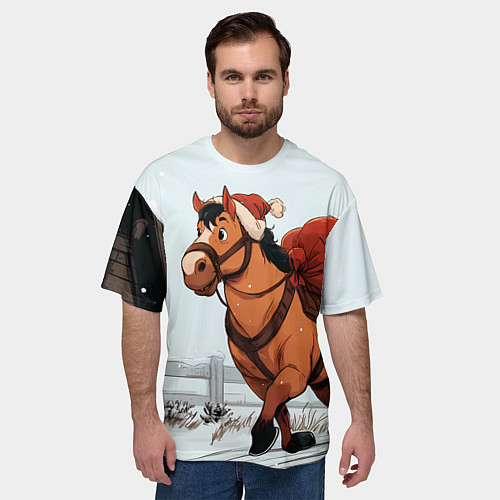Мужская футболка оверсайз Лошадка везет новогодние подарки / 3D-принт – фото 3