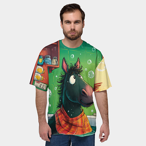 Мужская футболка оверсайз Лошадь моется в ванной / 3D-принт – фото 3