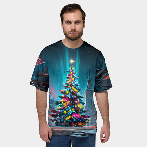 Мужская футболка оверсайз Новогодняя елка в гирляндах / 3D-принт – фото 3