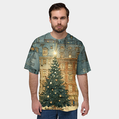 Мужская футболка оверсайз Новогодний старый город / 3D-принт – фото 3