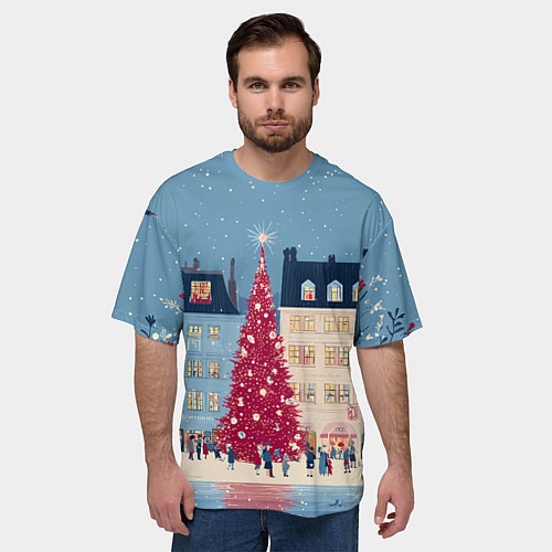 Мужская футболка оверсайз Новогоднее гуляние у красной елки / 3D-принт – фото 3