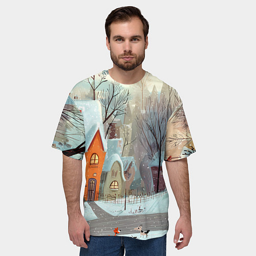 Мужская футболка оверсайз Милый новогодний дворик / 3D-принт – фото 3