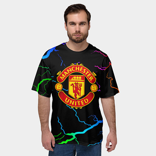 Мужская футболка оверсайз Манчестер Юнайтед неоновые молнии / 3D-принт – фото 3