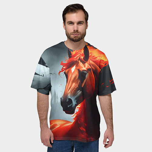 Мужская футболка оверсайз Огненная лошадь на сером / 3D-принт – фото 3