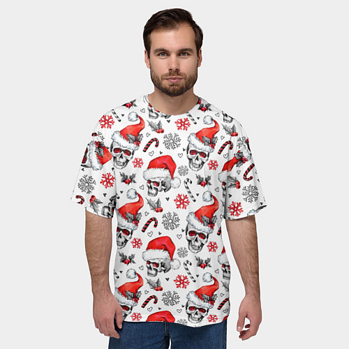 Мужская футболка оверсайз Новогодние черепа / 3D-принт – фото 3
