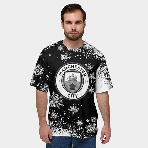 Мужская футболка оверсайз Манчестер сити снежинки новый год / 3D-принт – фото 3