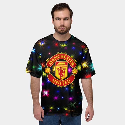 Мужская футболка оверсайз Манчестер Юнайтед праздничные огни / 3D-принт – фото 3
