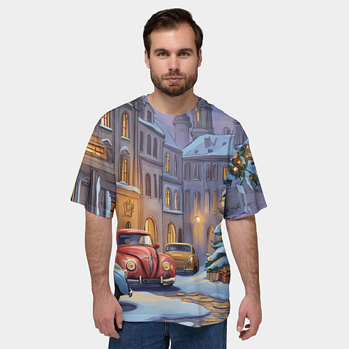 Мужская футболка оверсайз Новогодний снежный двор / 3D-принт – фото 3