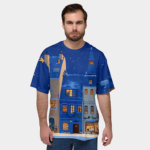 Мужская футболка оверсайз Синяя новогодняя елочка во дворе / 3D-принт – фото 3