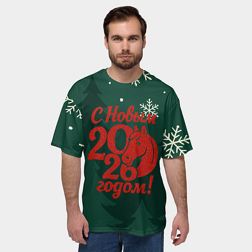 Мужская футболка оверсайз С новым 2026 годом - красная надпись / 3D-принт – фото 3
