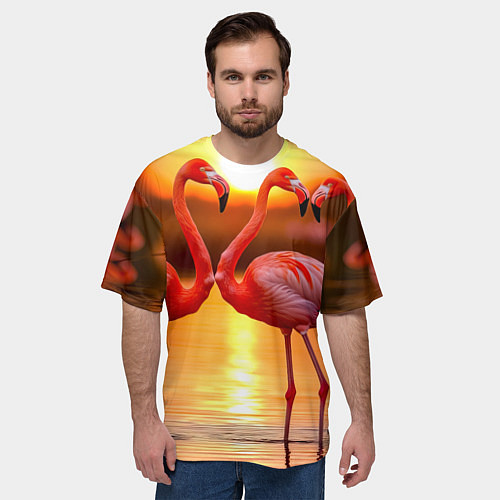 Мужская футболка оверсайз Розовый закат с фламинго / 3D-принт – фото 3