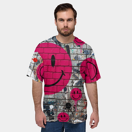Мужская футболка оверсайз Розовые смайлы граффити / 3D-принт – фото 3
