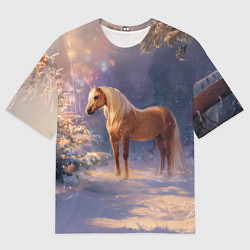 Футболка оверсайз мужская Лошадка в новогоднем лесу, цвет: 3D-принт