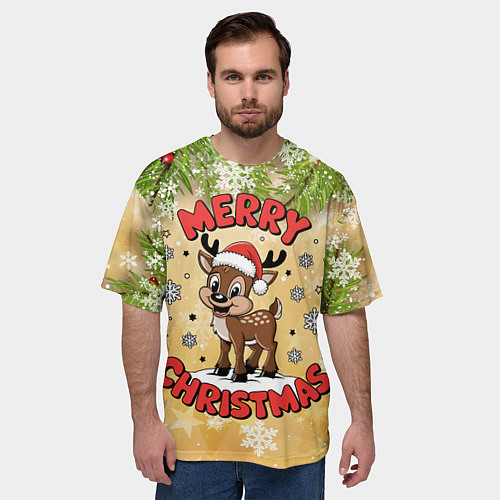Мужская футболка оверсайз Олень в шапке Санты / 3D-принт – фото 3
