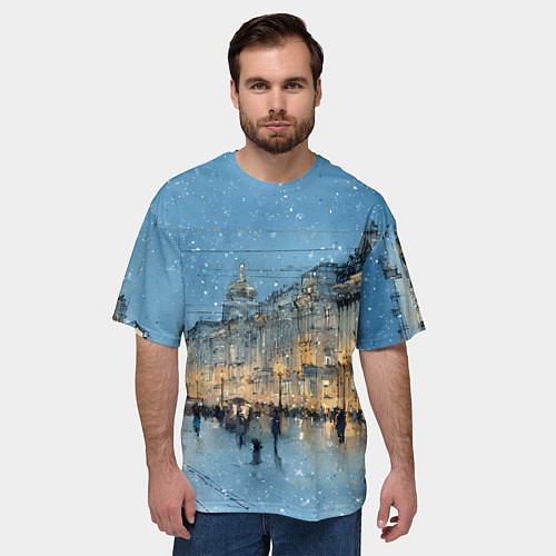 Мужская футболка оверсайз Снежный вечер Санкт-Петербурга / 3D-принт – фото 3