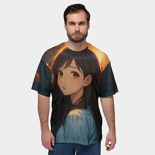 Мужская футболка оверсайз Девушка в стиле аниме стоит среди монстров / 3D-принт – фото 3