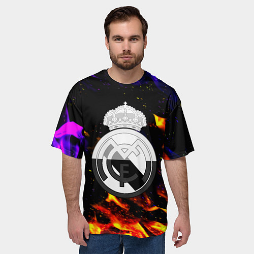 Мужская футболка оверсайз Реал Мадрид огонь текстура / 3D-принт – фото 3